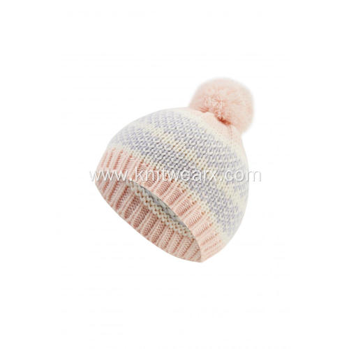 Girl's Knitted Striped Pompom Beanie Cap